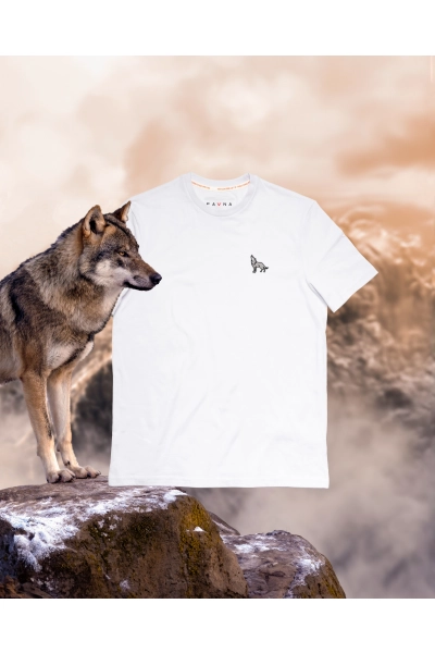 T-shirt męski Basic z wilkiem szarym - biały